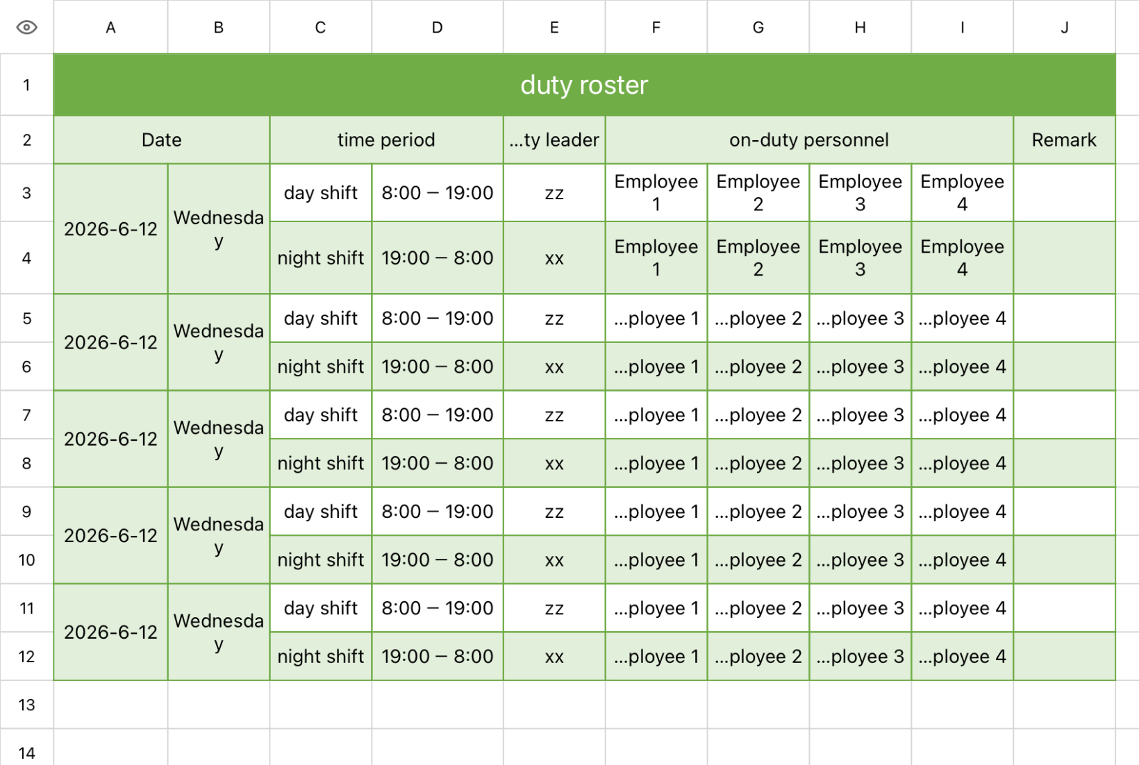 Duty Schedule 1